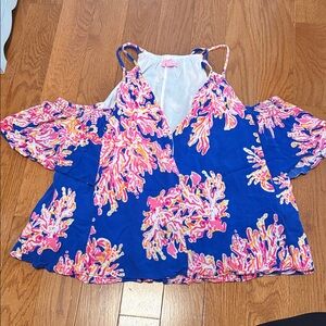 Bright Blue Floral Cold-Shoulder Women’s Top